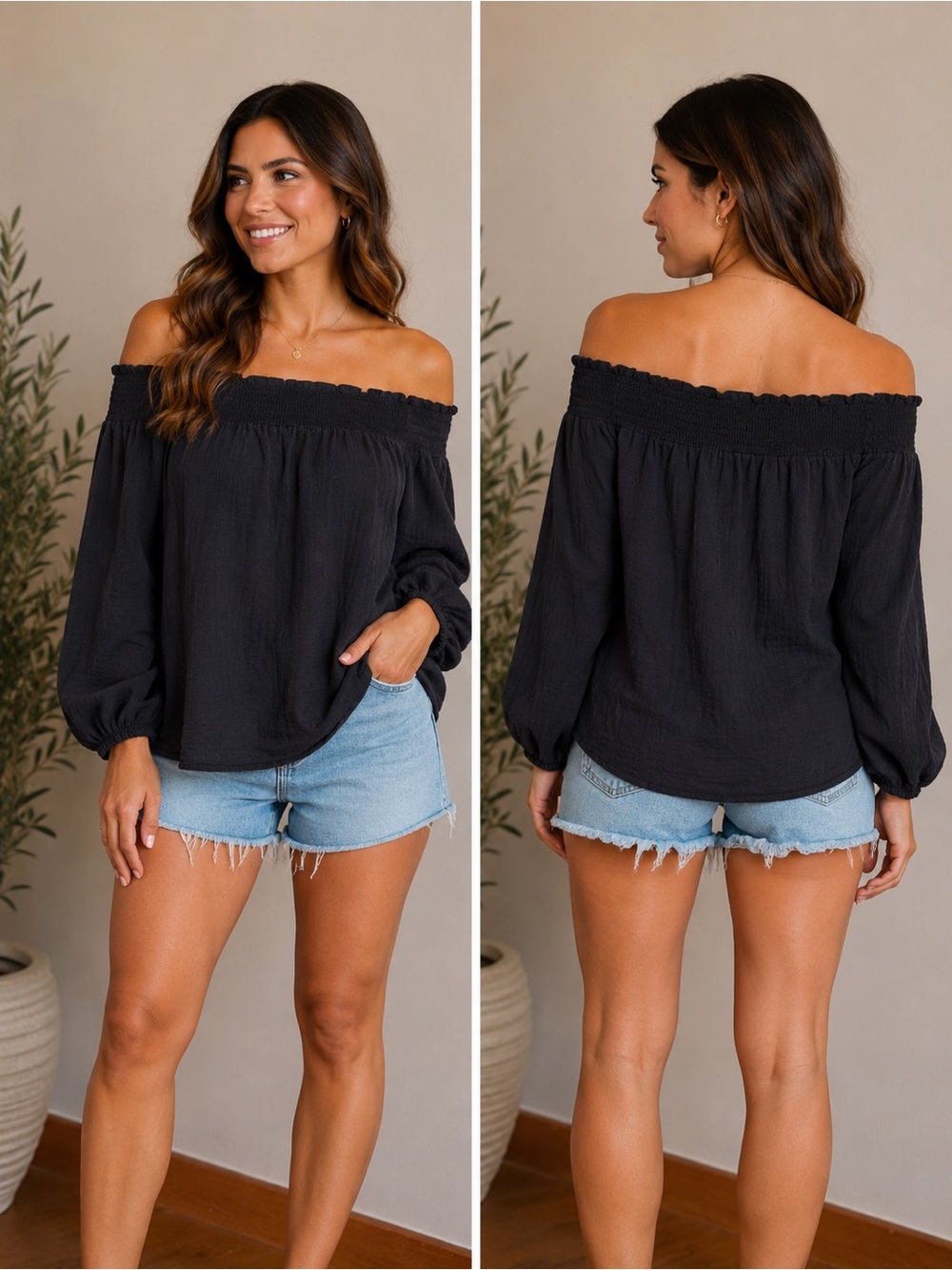 490. Magnolia Boutique Off-Shoulder Black Smocked-Neck Blouse - Women Tops